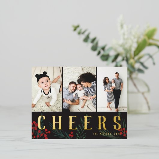 タイポグラフィ植物学3フォトコラージュ応援 箔シーズンポストカード (立ち正面)