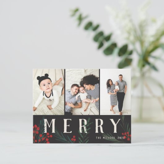 タイポグラフィ植物学3枚の写真メリー シーズンポストカード (スタンド正面)