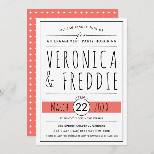 タイポグラフィ生サンゴ結婚婚約パーティ 招待状 (正面/裏面)