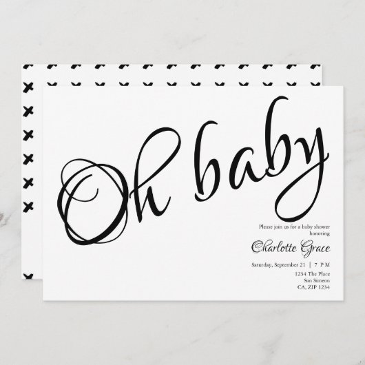 タイポグラフィ白黒オ赤ちゃんシャワーハートキス 招待状 (正面/裏面)