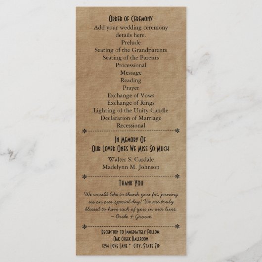 タイポグラフィ素朴結婚式 プログラム6ブリデスメイド プログラム (裏面)