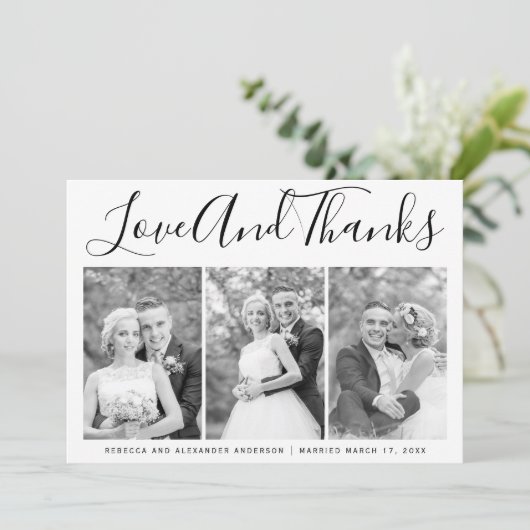 タイポグラフィ結婚の感謝3枚の写真コラージュ サンキューカード (スタンド正面)