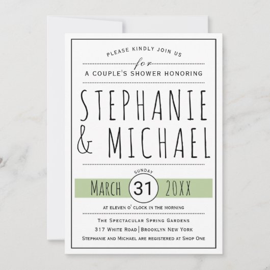 タイポグラフィ結婚セージ緑のカップルのシャワー 招待状 (正面)