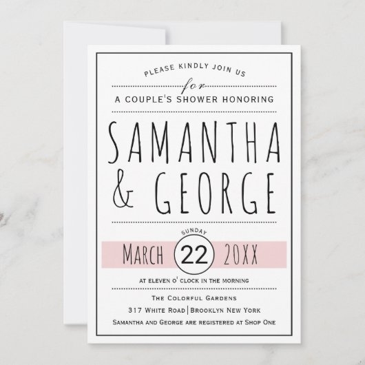 タイポグラフィ赤面結婚ピンクのカップルのシャワー 招待状 (正面)