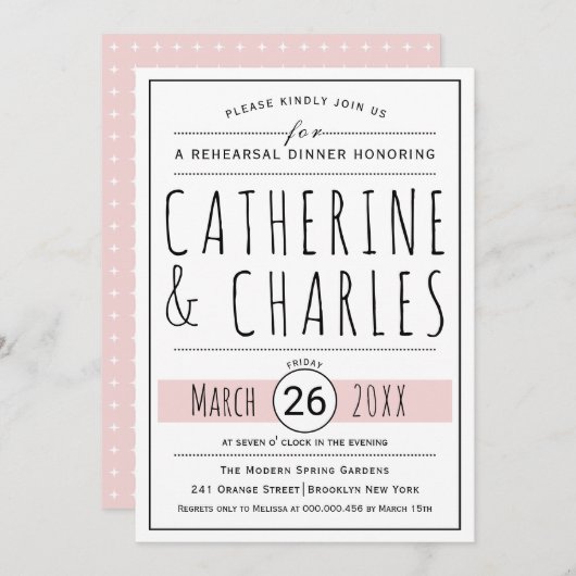 タイポグラフィ赤面結婚ピンクのリハーサル 招待状 (正面/裏面)