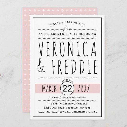 タイポグラフィ赤面結婚ピンク婚約パーティ 招待状 (正面/裏面)