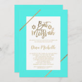 タイポグラフィ金ゴールドフローラリーフアクアシックバルミツワー 招待状 (正面/裏面)