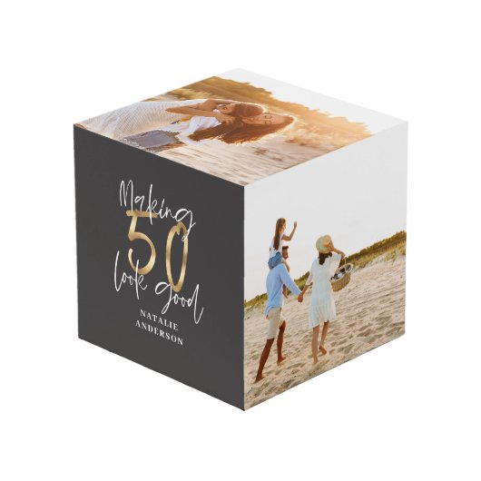 タイポグラフィ金ゴールドブモダンラック50歳の誕生日 フォトキューブ (正面アングル)