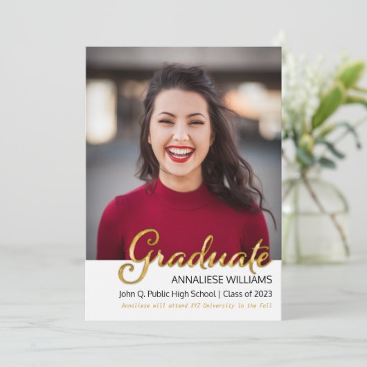 タイポグラフィ金ゴールド写真の卒業発表 案内状 (スタンド正面)