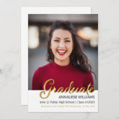 タイポグラフィ金ゴールド写真の卒業発表 案内状 (正面/裏面)