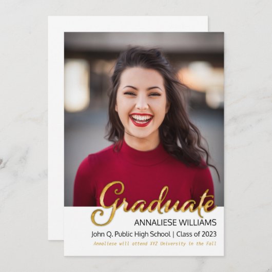 タイポグラフィ金ゴールド写真の卒業発表 案内状 (正面/裏面)