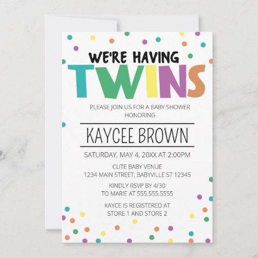 タイポグラフィ鮮やかは双子の赤ちゃんシャワーを持っている 招待状 (正面)