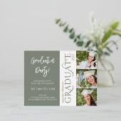 タイポグラフィ3フォト・セージ卒業パーティー 箔招待状ポストカード (立ち正面)