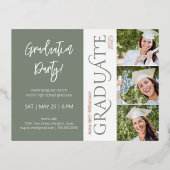 タイポグラフィ3フォト・セージ卒業パーティー 箔招待状ポストカード (正面)