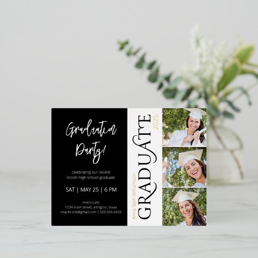 タイポグラフィ3写真白黒卒業パーティー 箔招待状ポストカード (立ち正面)