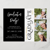 タイポグラフィ3写真白黒卒業パーティー 箔招待状ポストカード (正面)