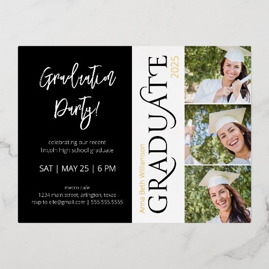 タイポグラフィ3写真白黒卒業パーティー 箔招待状ポストカード (正面)