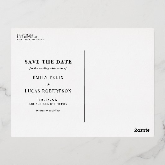 タイポグラフィ3枚の写真コラージュ日付の保存 箔招待状ポストカード (裏面)