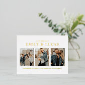 タイポグラフィ3枚の写真コラージュ日付の保存 箔招待状ポストカード (立ち正面)