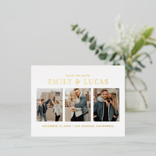 タイポグラフィ3枚の写真コラージュ日付の保存 箔招待状ポストカード (立ち正面)