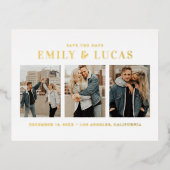 タイポグラフィ3枚の写真コラージュ日付の保存 箔招待状ポストカード (正面)