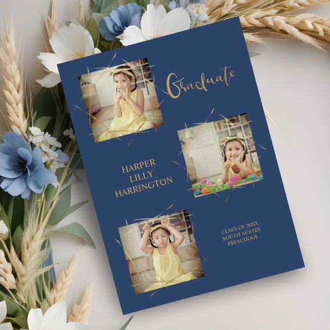 タイポグラフィ3枚の写真K前のグラフ発表 (Calligraphy Three Photos Collage Pre-K Graduate Announcement Card in Blue. )