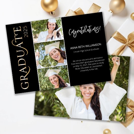 タイポグラフィ4フォトブラックと金ゴールド卒業 案内状