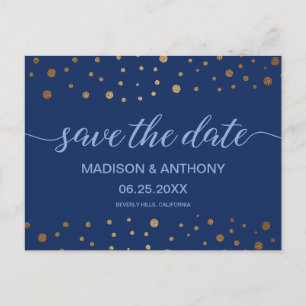 タイポグラフィ ネイビーブルー ゴールド 結婚式 Save the date ポストカード