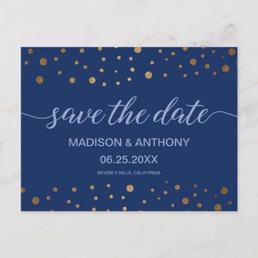 タイポグラフィ ネイビーブルー ゴールド 結婚式 Save the date ポストカード (正面)