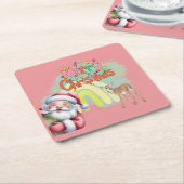 タイポグラフィ メリークリスマスとライトと鹿 スクエアペーパーコースター (アングル)