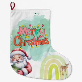 タイポグラフィ メリークリスマスとライトと鹿 ラージクリスマスストッキング
