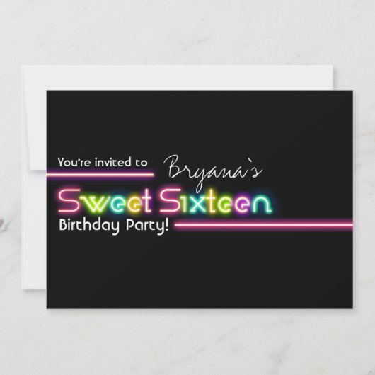 タイポグラフィ SWEET 16 ネオン グロー ダンス パーティー 招待状 (正面)