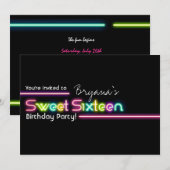 タイポグラフィ SWEET 16 ネオン グロー ダンス パーティー 招待状 (正面/裏面)