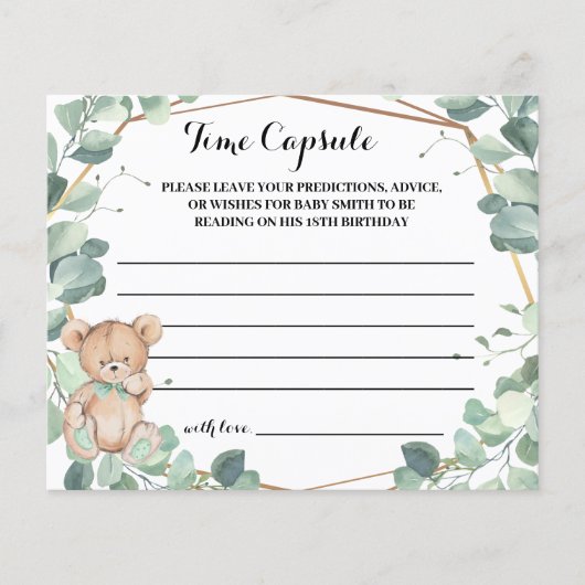 タイムカプセルアドバイスベビーシャワーベア緑のカード チラシ (正面)