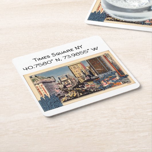 タイムズスクエアNYマップ座標ヴィンテージスタイル スクエアペーパーコースター (アングル)