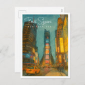 タイムズスクエアNYCナイトライトウォーターカラー シーズンポストカード (正面/裏面)