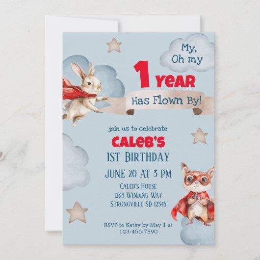 タイムフライスーパーヒーローファースト誕生日 招待状 (正面)