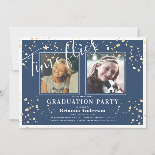 タイムフライネイビーブルーストライプ金ゴールド写真卒業 招待状 (正面)
