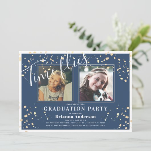 タイムフライネイビーブルーストライプ金ゴールド写真卒業 招待状 (スタンド正面)