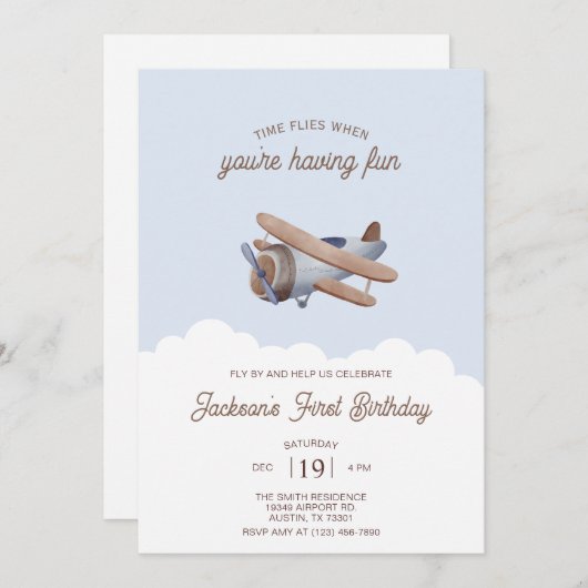タイムフライパーソナライズされた飛行機の誕生日パーティー 招待状 (正面/裏面)