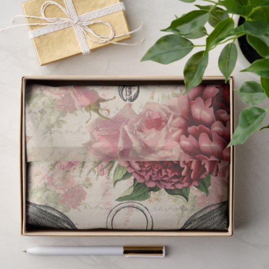 タイムフライピンク&レッドローズアンティーク時計のデコパージュ 薄葉紙 (ギフト)