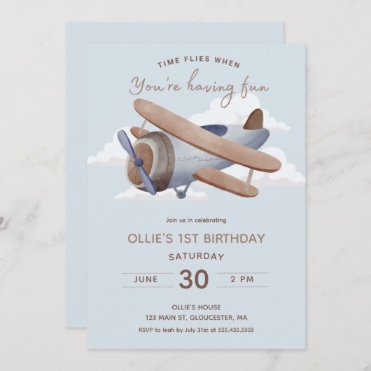 タイムフライヴィンテージトラベルファースト誕生日 招待状 (正面/裏面)