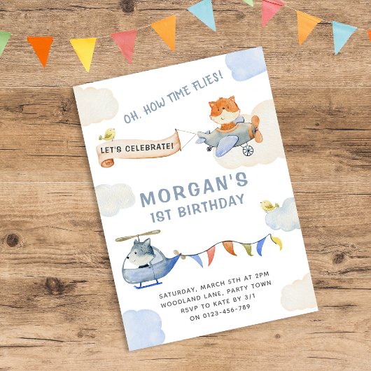 タイムフライ水カラー飛行機最初の誕生日 招待状
