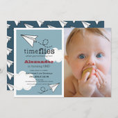 タイムフライ紙飛行機ブルーボーイフォト1st誕生日 招待状 (正面/裏面)