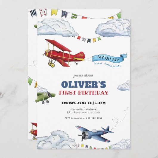 タイムフライ航空機最初の誕生日招待状 招待状 (正面/裏面)