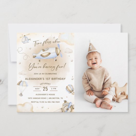 タイムフライ飛行機の最初の誕生日パーティーの写真 招待状 (正面)