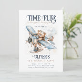 タイムフライ飛行機テディベアヴィンテージ誕生日 招待状 (スタンド正面)