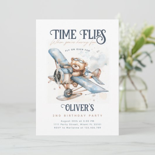 タイムフライ飛行機テディベアヴィンテージ誕生日 招待状 (スタンド正面)