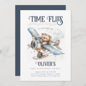 タイムフライ飛行機テディベアヴィンテージ誕生日 招待状 (正面/裏面)