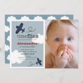 タイムフライ飛行機ブルーボーイフォト1st誕生日 招待状 (正面/裏面)